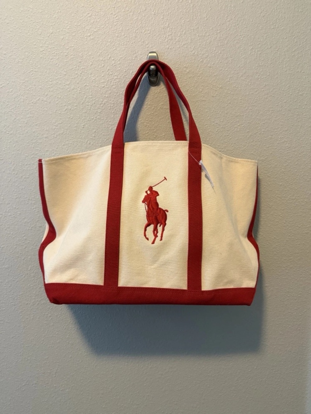 Ralph Lauren Cream Canvas Tote with Red Trim & Polo Logo
